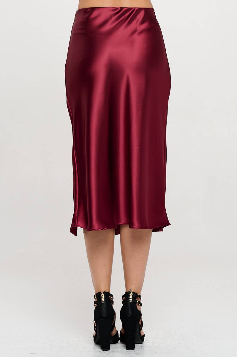Back Burgundy satin skirt with a front slit, elastic waist.  