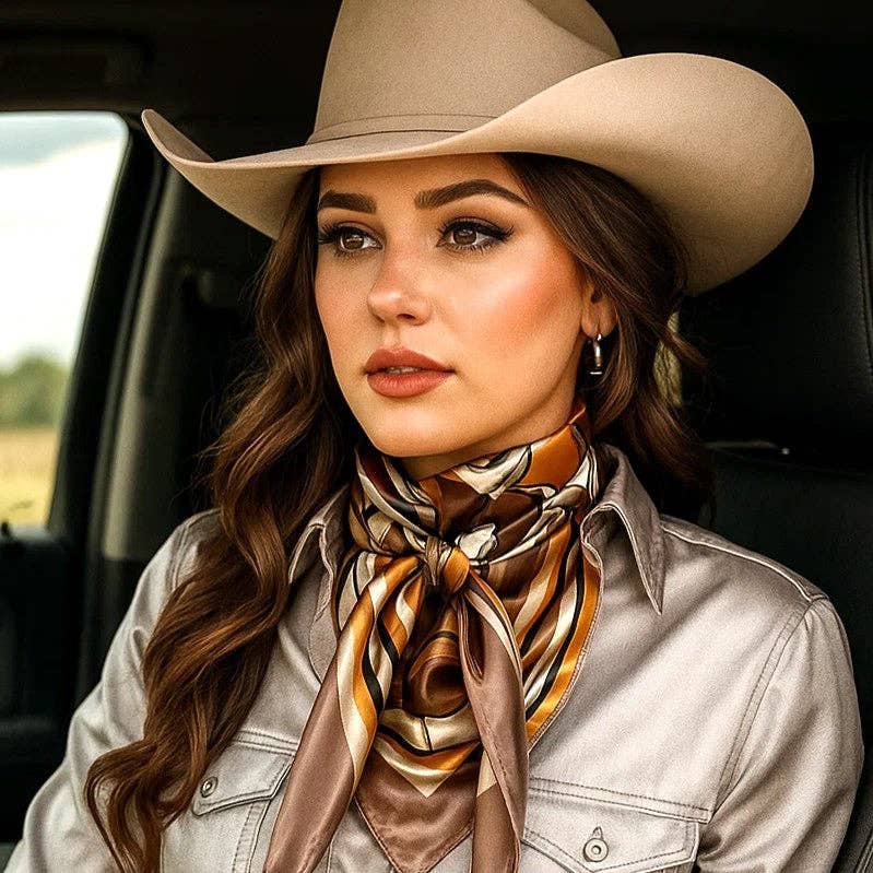 Woman wearing a beige cowboy hat and yellow and brown rose patterned scarf inside a vehicle.
