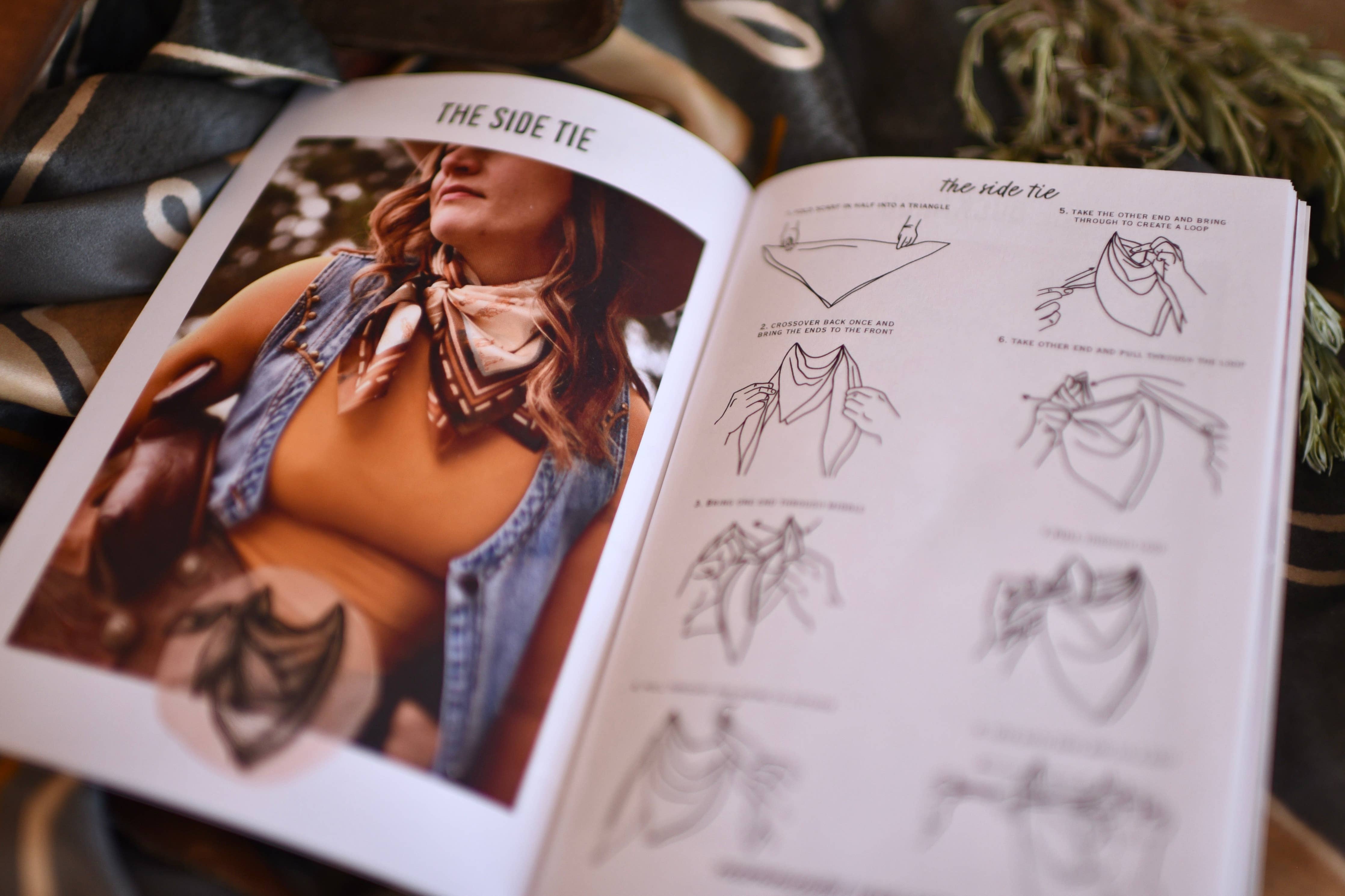 Open book showing a diagram of a side tie with a person wearing a scarf.