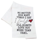 White towel with black text and red heart on a white background