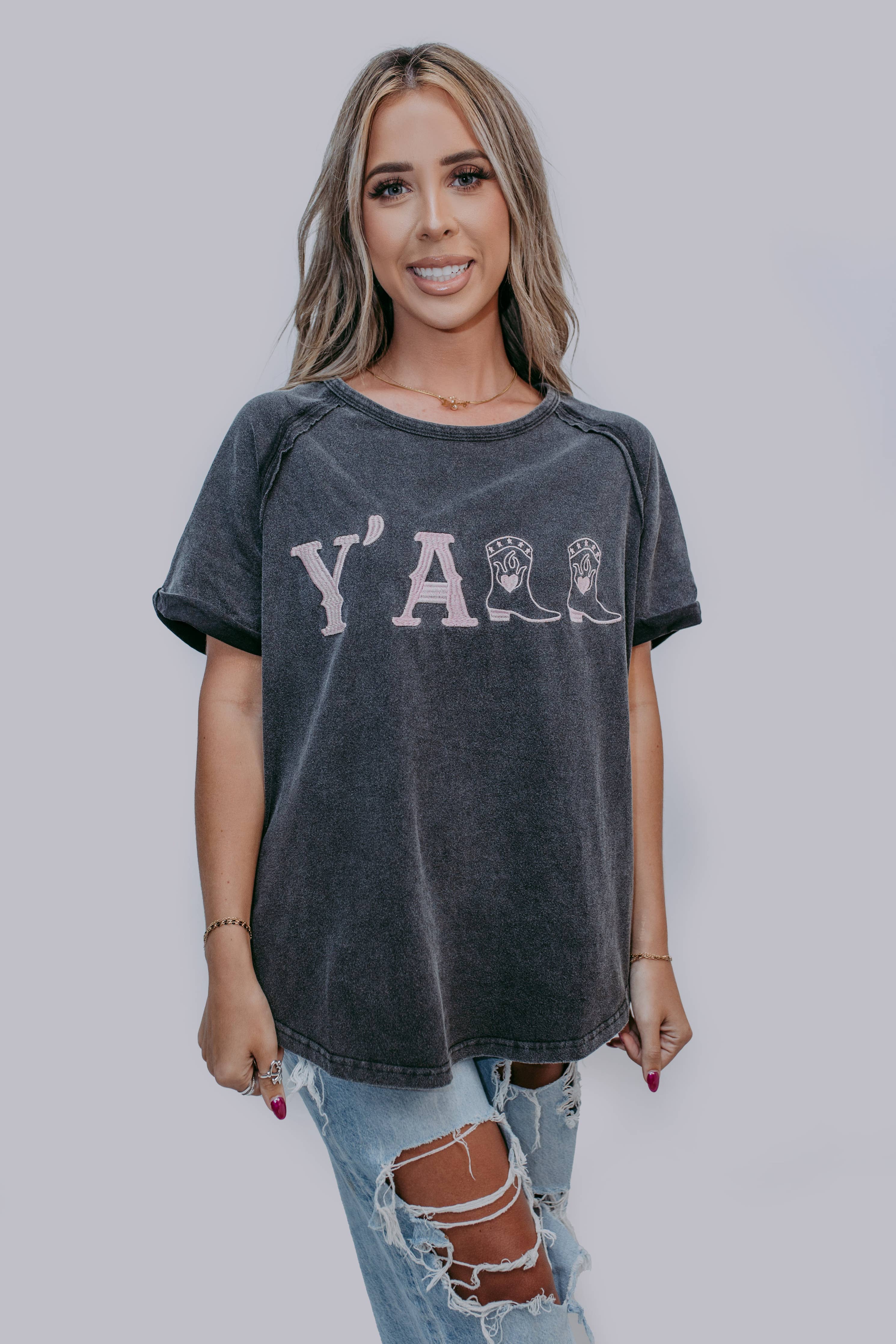 Mineral gray short sleeve tee with Yall embroidered on the front