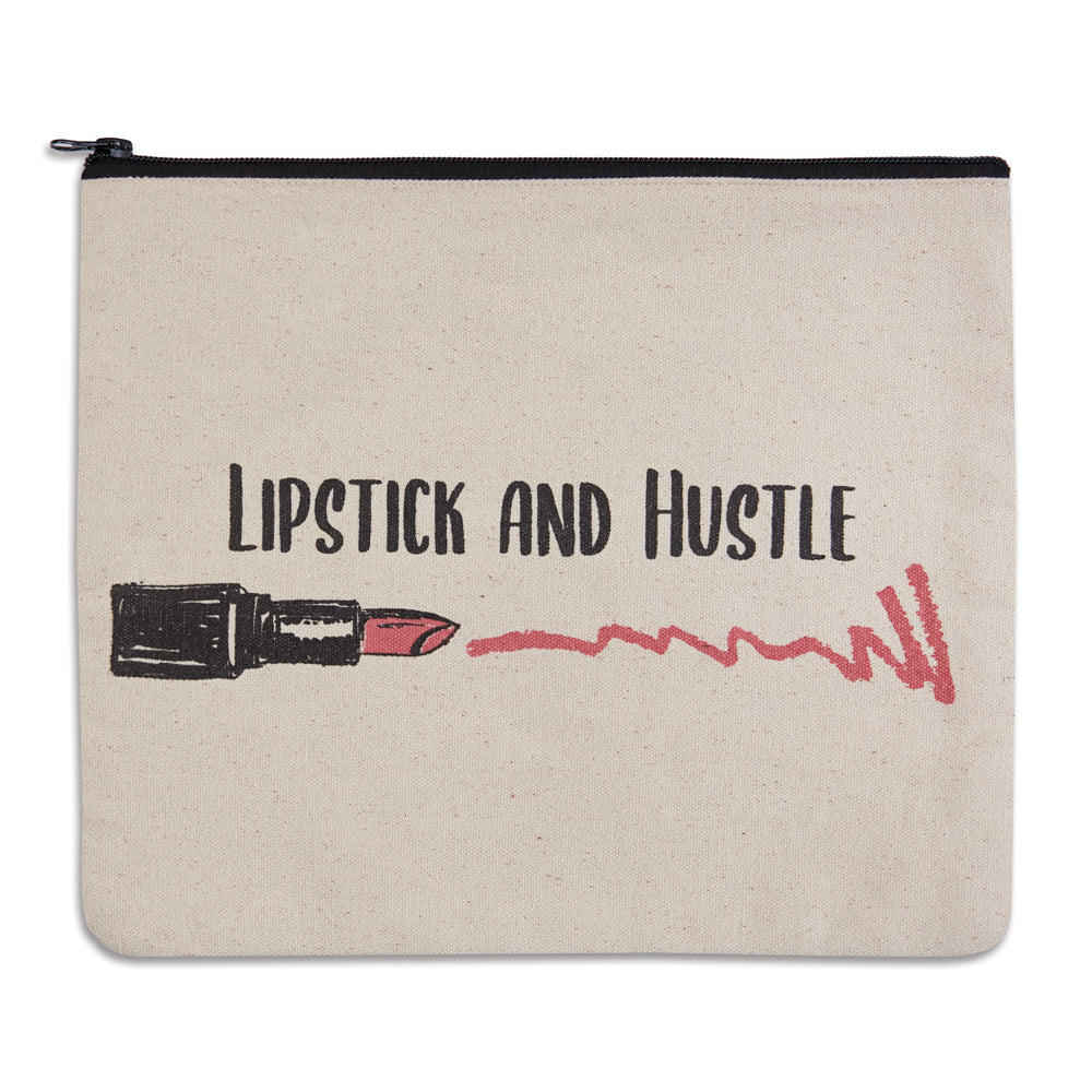 Beige pouch with 'Lipstick and Hustle' text and lipstick illustration on a white background