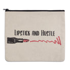 Beige pouch with 'Lipstick and Hustle' text and lipstick illustration on a white background