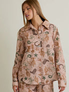 Desert Rose Western-print button-up blouse in blush—front view