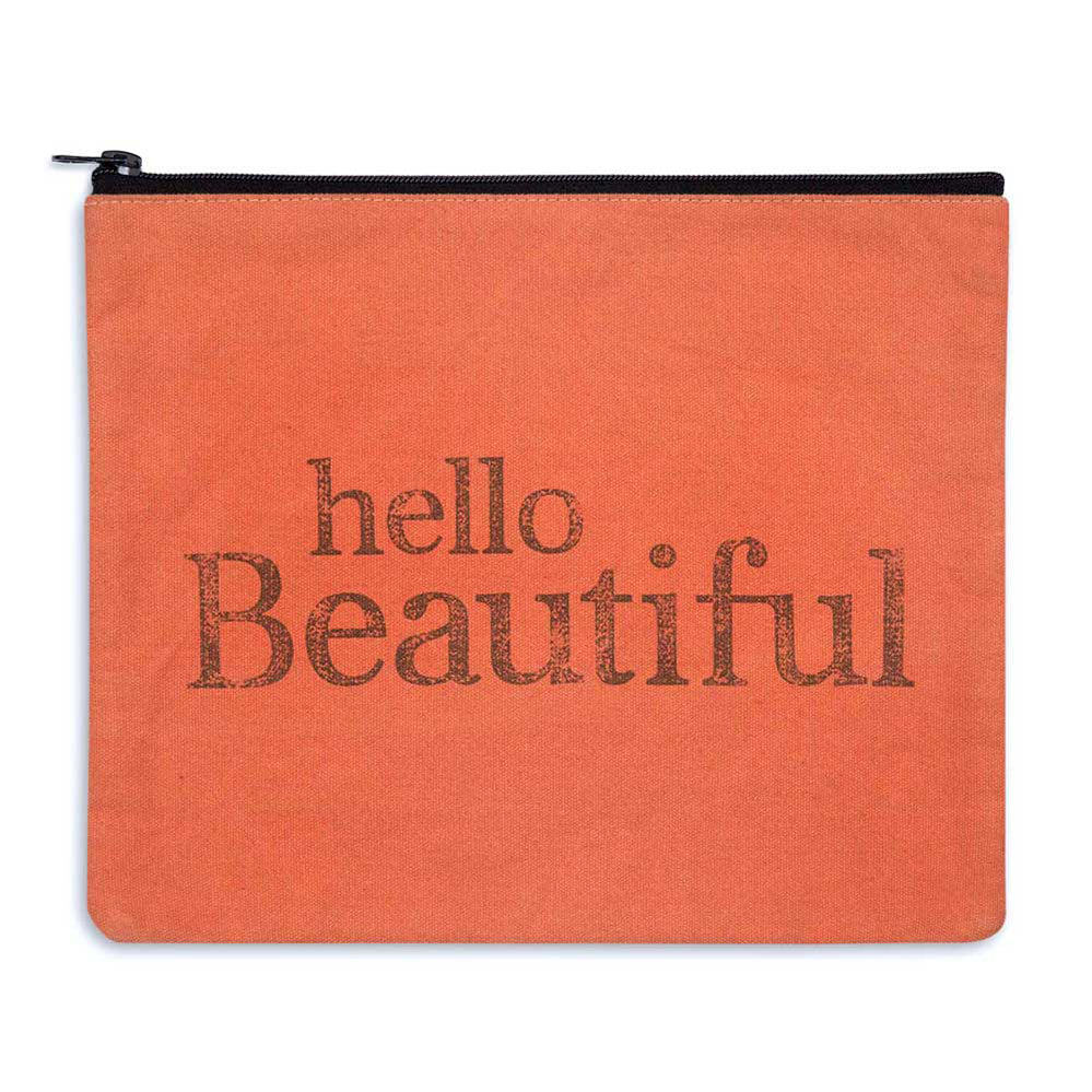 Rust pouch with 'hello Beautiful' text in black on a white background