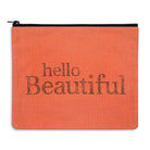 Rust pouch with 'hello Beautiful' text in black on a white background