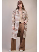 High Desert Aztec long shacket in mocha mix—front view with patch pockets