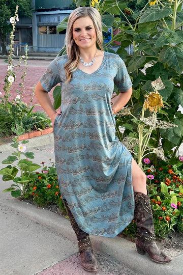 Denim blue t-shirt dress v neck western print all over slits on sides mid shin length