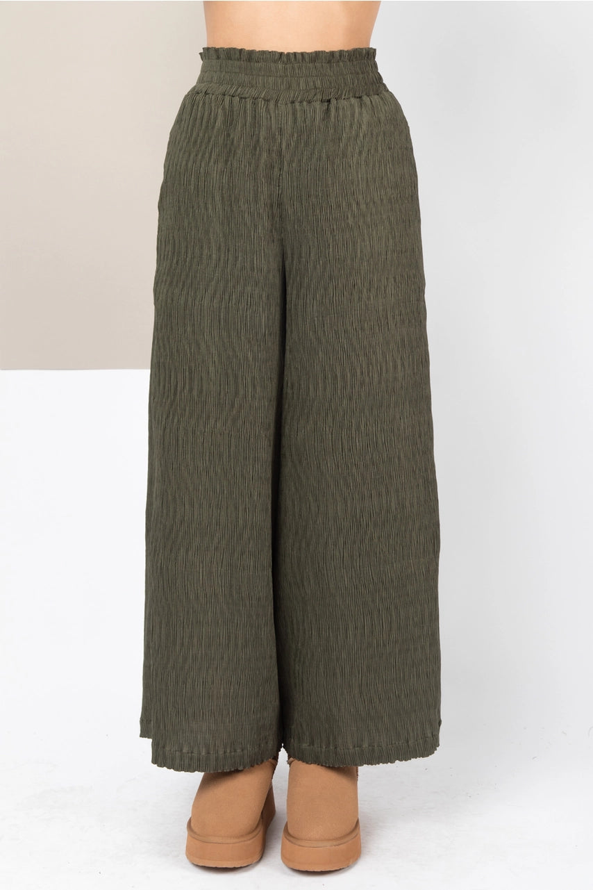 Olive crinkle bodré wide-leg pants with lettuce-edge elastic waist—front view