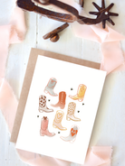 Card with illustrations of cowboy boots on a white background