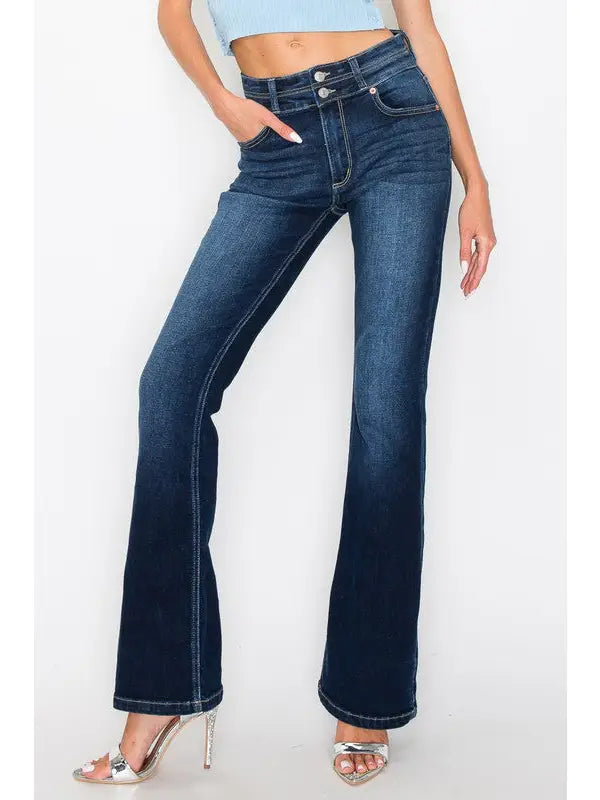 Aria Tummy Control High Rise Bootcut Jeans double button at waist band