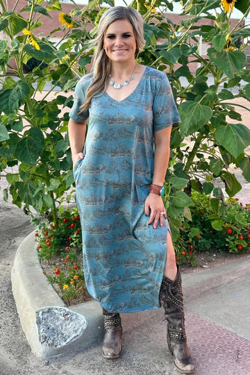 Denim blue t-shirt dress v neck western print all over slits on sides mid shin length