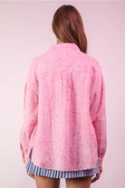 Back view oversized pink gauze shirt showing relaxed drape and mineral wash