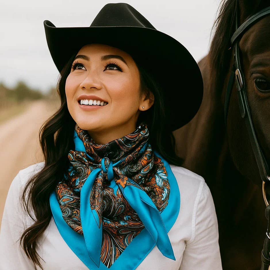 Woman wearing a black cowboy hat and colorful blue, orange and black pattern scarf standing next to a horse on a dirt road