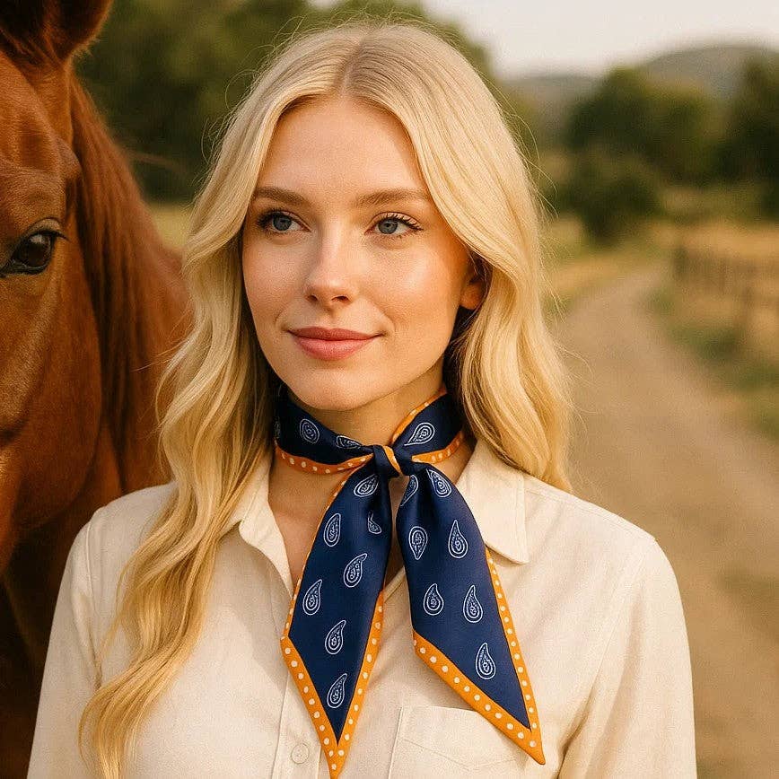 Woman with a horse on a rural road wearing a navy and mustard thin scarf.