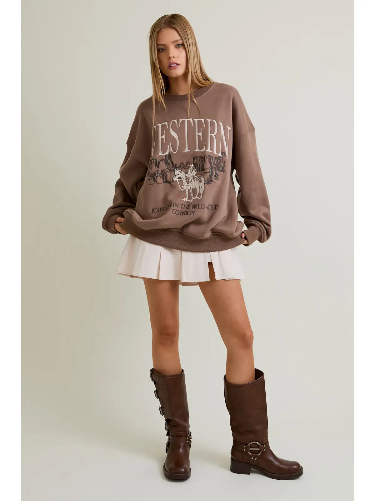 Mesa Trail oversized Western sweatshirt in cocoa brown—cowboy embroidery