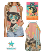 Woman wearing a tank top with a graphic design, next to a Baha Ranch Western Wear product with a desert scene and cacti.
