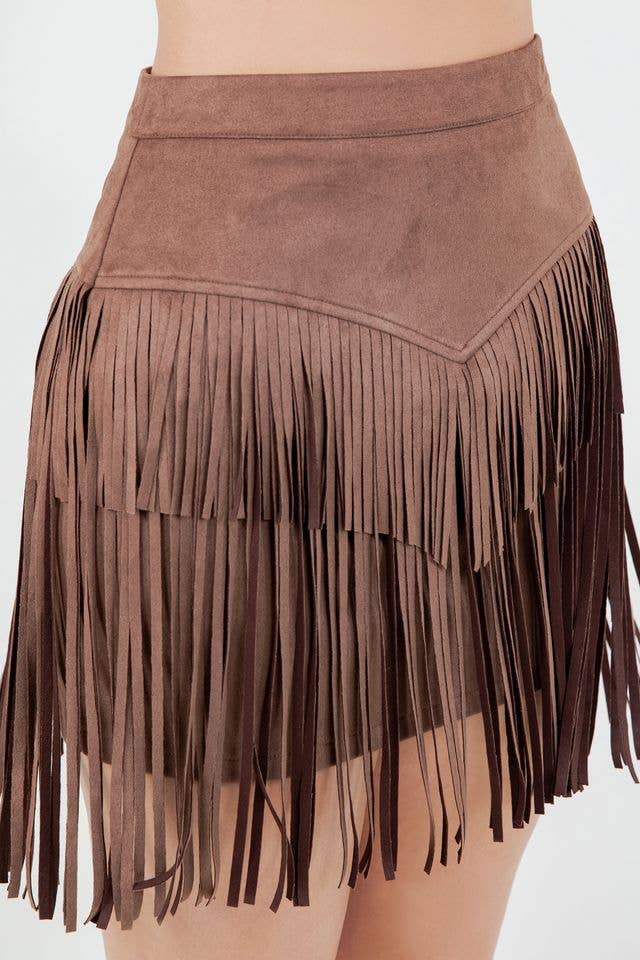 Brown suede fringe skirt on a plain background