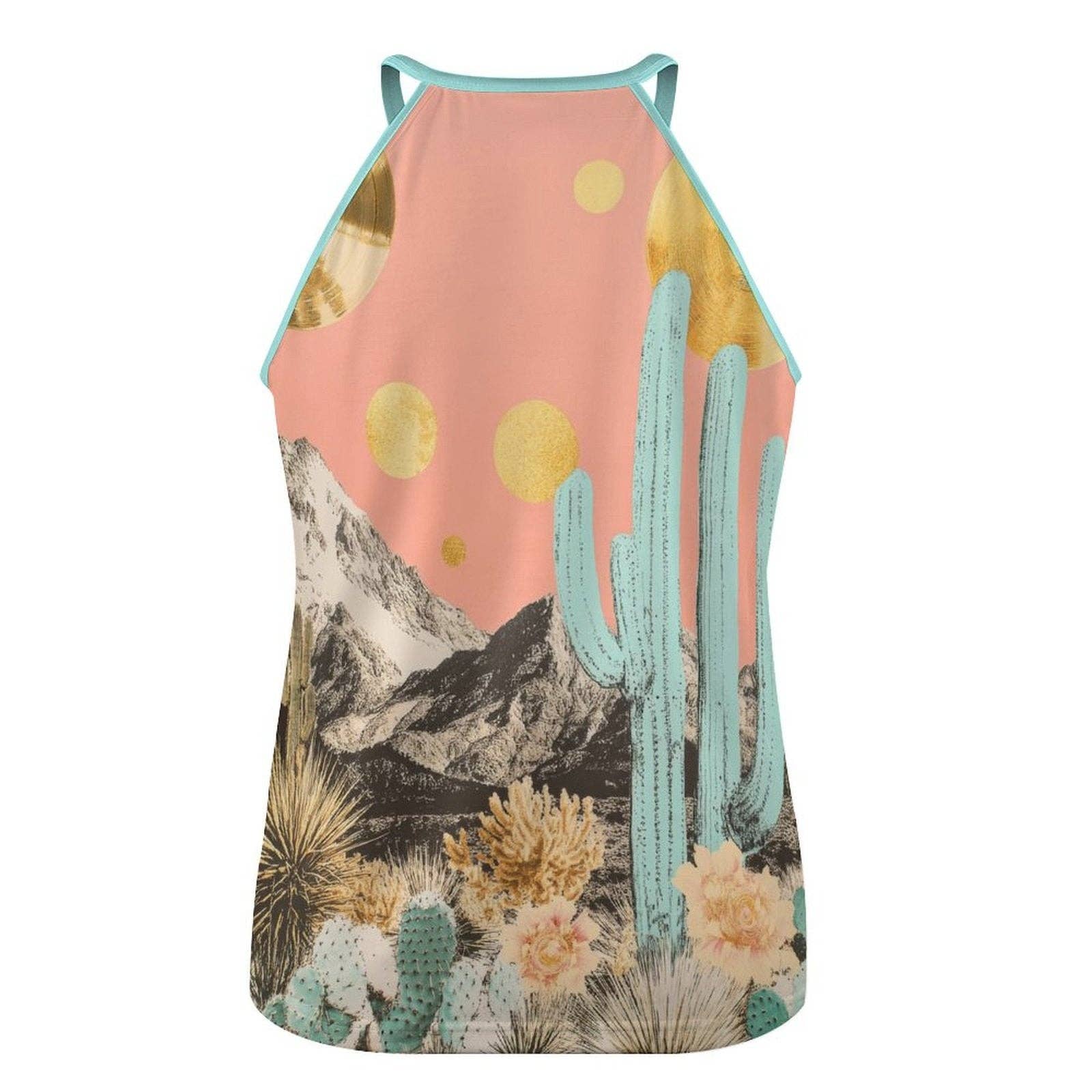 Tank top with desert landscape design featuring cacti and mountains on a white background