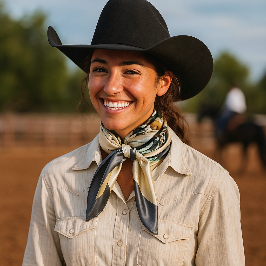 Woman wearing a black cowboy hat and beige shirt with a patterned scarf, standing in an outdoor setting.