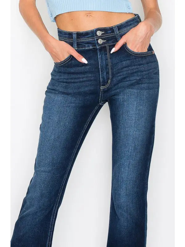 Aria Tummy Control High Rise Bootcut Jeans double button at waist bang