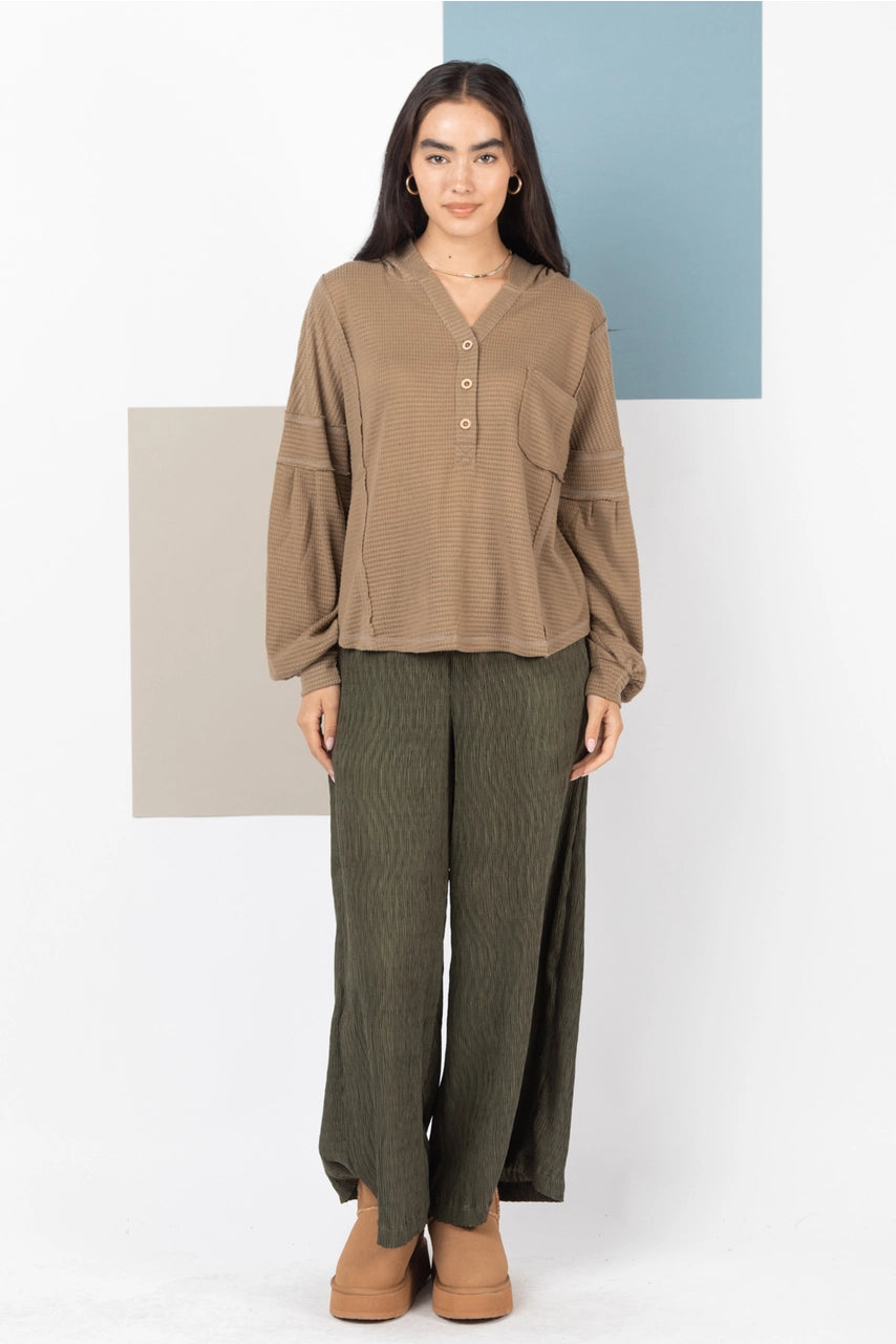 Olive crinkle bodré wide-leg pants with lettuce-edge elastic waist—front view