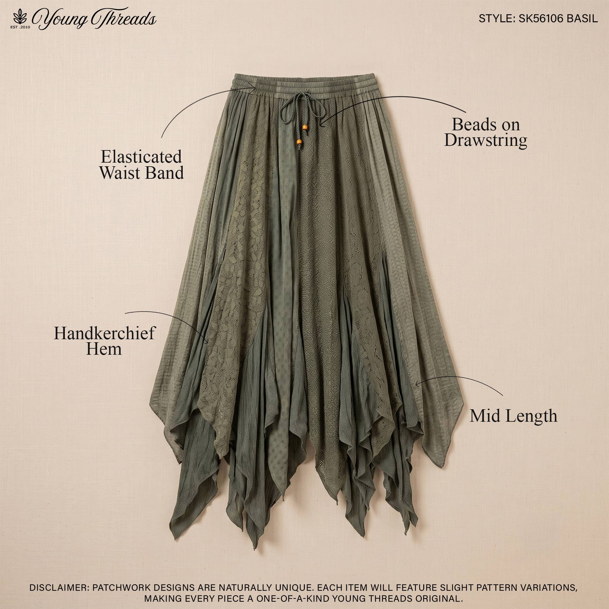 An olive green midi skirt with layered draped ruffles, a drawstring waist with beads, and a handkerchief hem, shown with text callouts on a beige background.