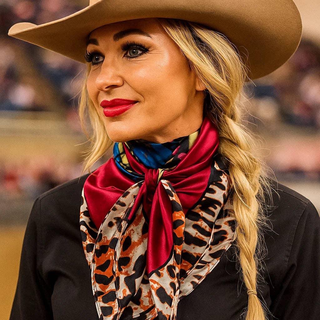 Woman wearing a cowboy hat and colorful scarf with a blurred background