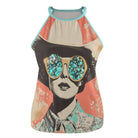 Tank top with a graphic design of a person wearing sunglasses on a white background