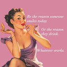 Vintage-style illustration of a woman applying lipstick with a motivational quote on a pink background.