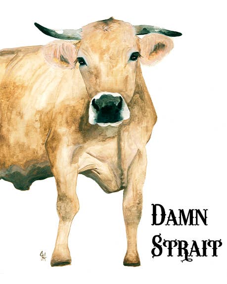 Cow with 'Damn Strait' text on a white tea towel