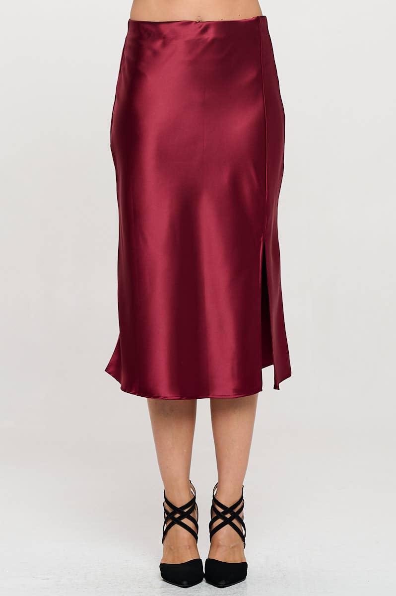 Burgundy satin skirt with a front slit, elastic waist.  
