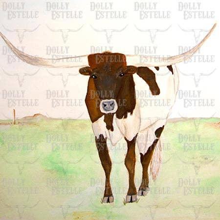 Painting of a longhorn cow with a watercolor landscape on a white tea towel.