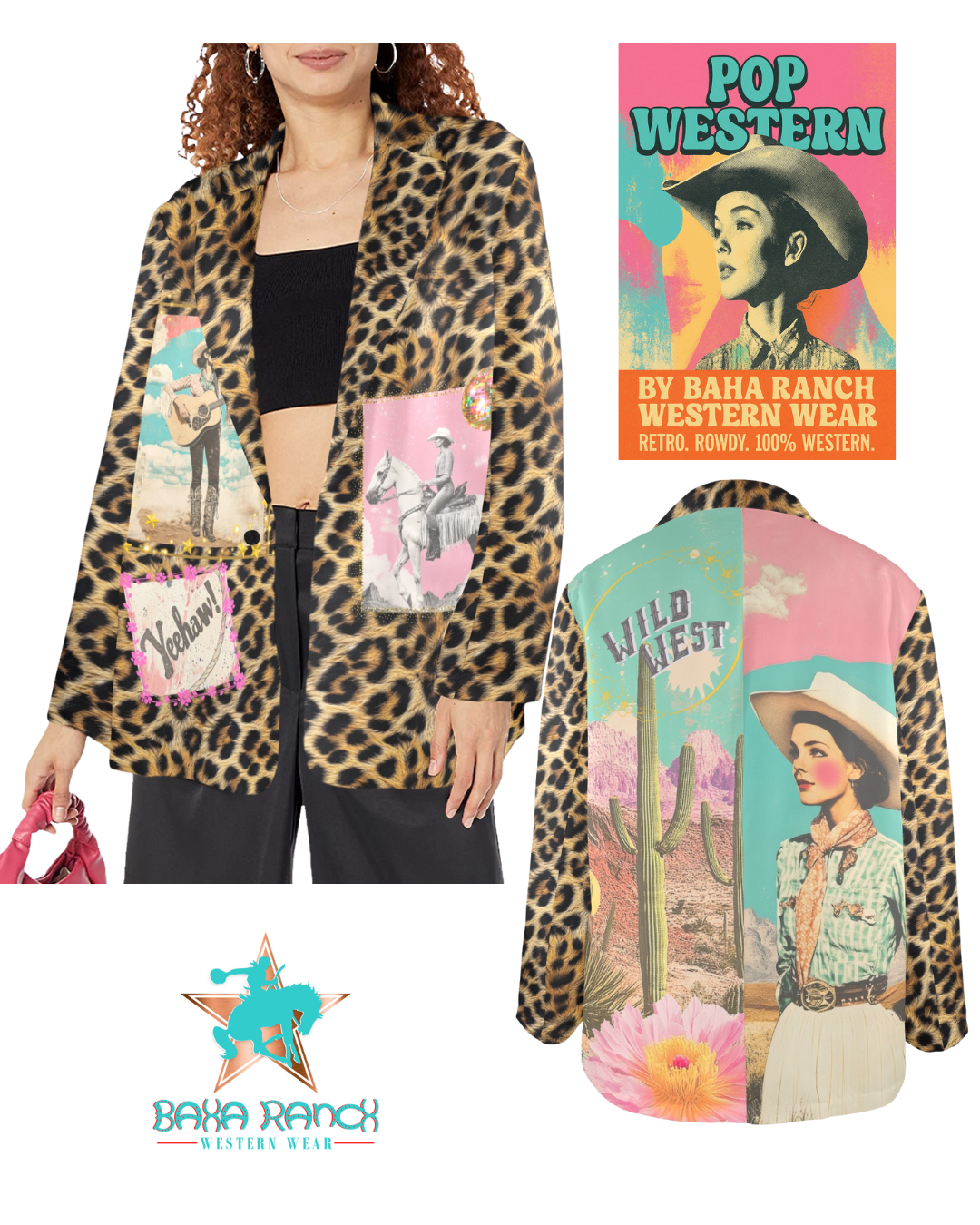 Leopard print jacket with graphic designs and a 'Pop Western' book cover.