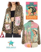 Leopard print jacket with graphic designs and a 'Pop Western' book cover.