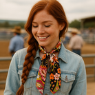 Woman with braided hair wearing a floral scarf and denim jacket in an outdoor setting.