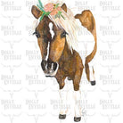 Horse with floral headband on a white tea towel.