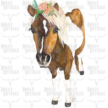 Horse with floral headband on a white tea towel.