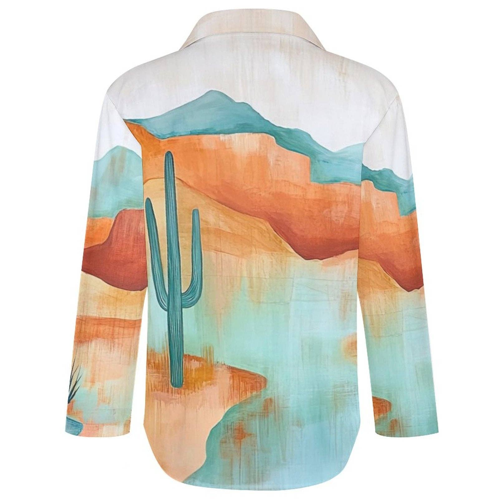 Colorful shirt with desert landscape design featuring a cactus on a white background