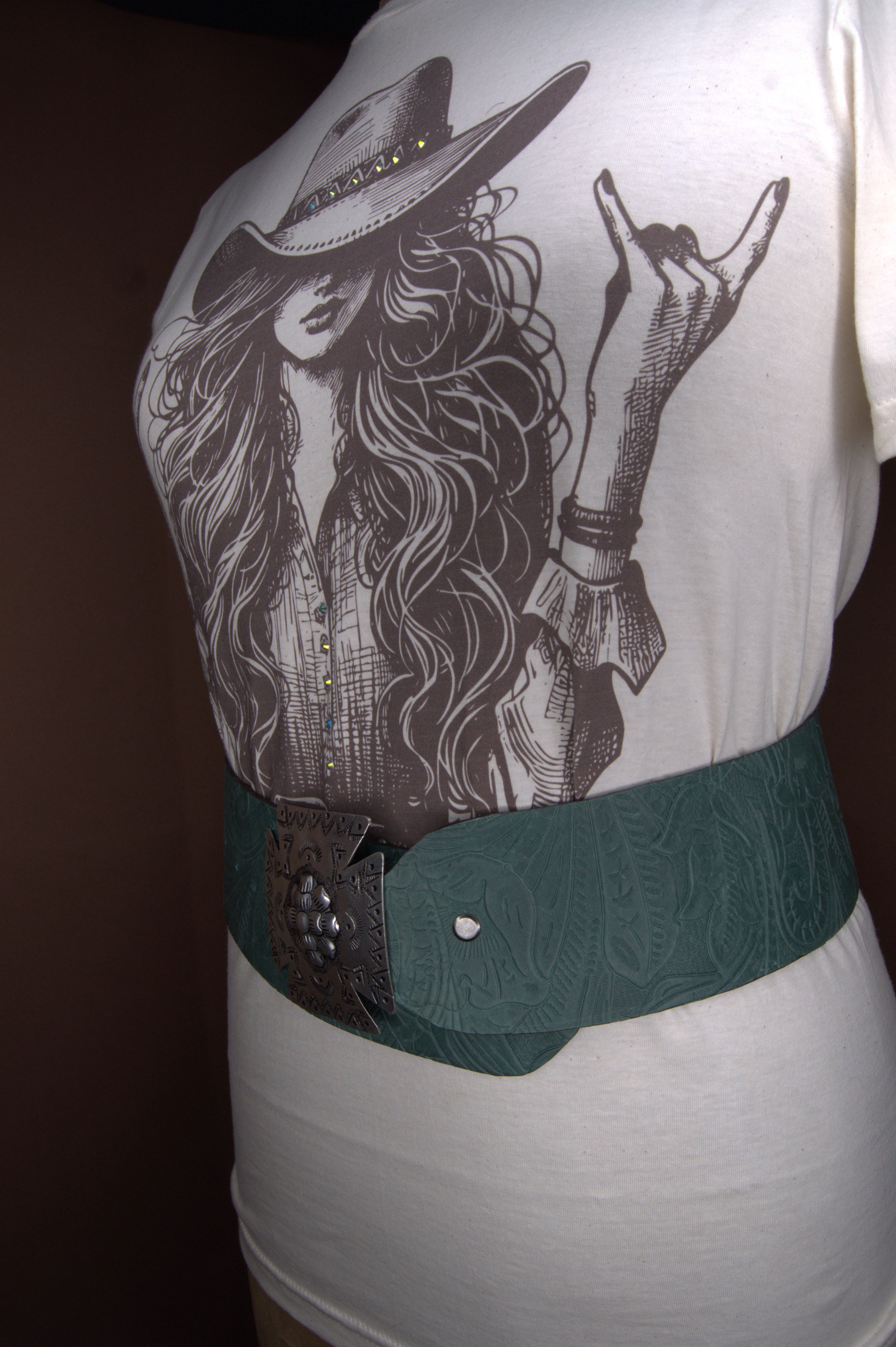 Handcrafted leather hip belt in aqua