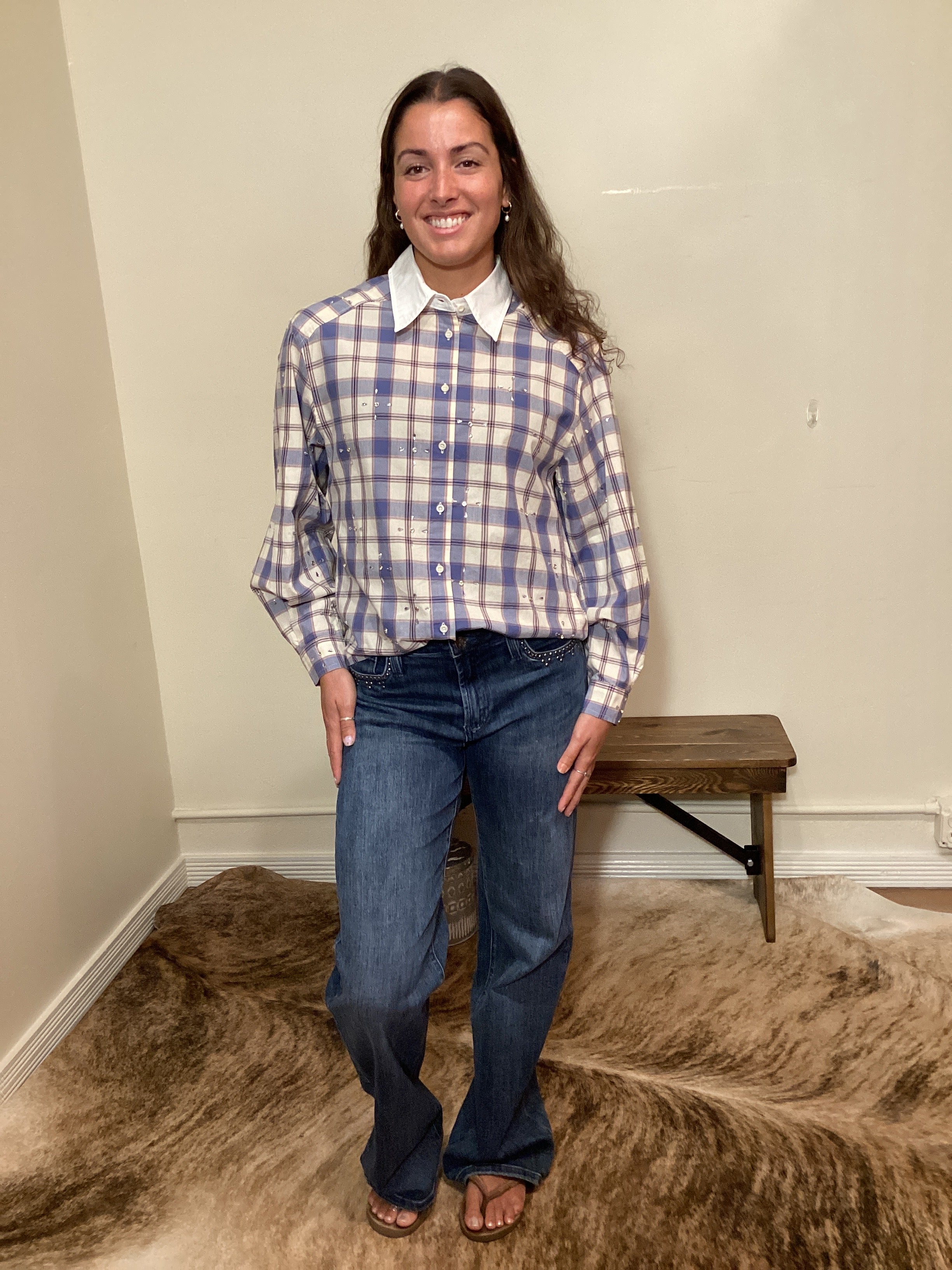 Blue and white plaid button up shirt with a white color and crystals on it