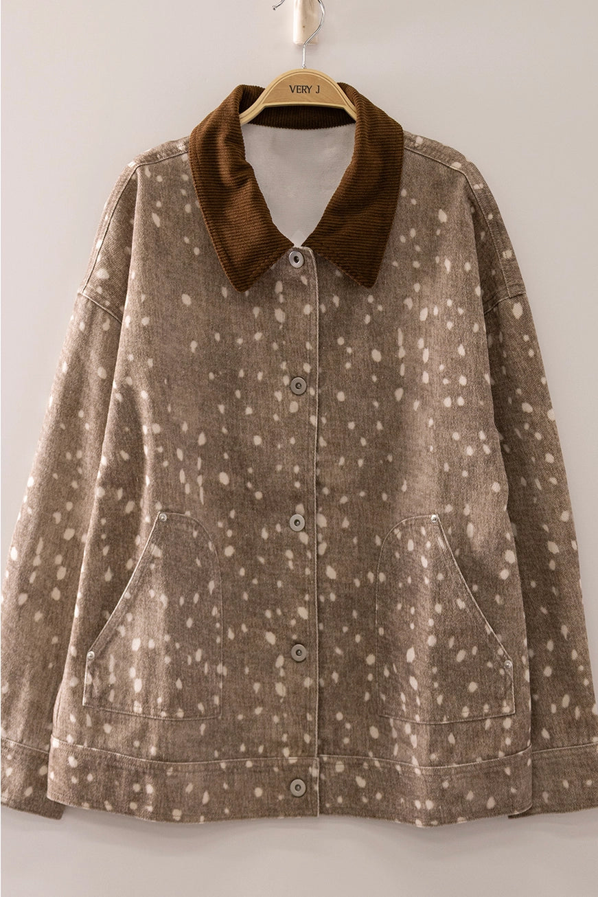 Women's oversized animal print jacket with soft washed fabric and a corduroy collar. Easy layering for casual winery outings and everyday western style.