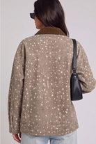 Women's oversized animal print jacket with soft washed fabric and a corduroy collar. Easy layering for casual winery outings and everyday western style.