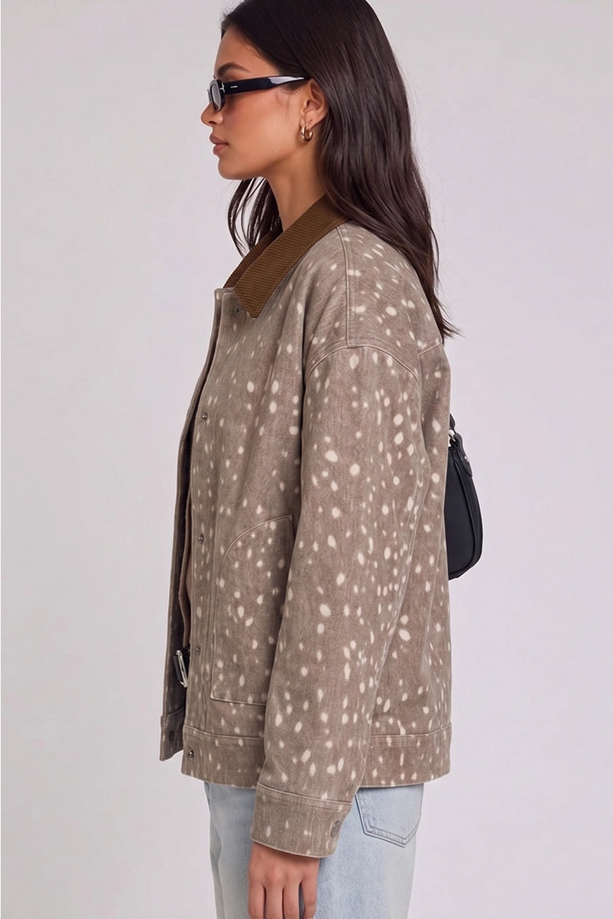Women's oversized animal print jacket with soft washed fabric and a corduroy collar. Easy layering for casual winery outings and everyday western style.