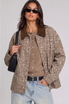 Women's oversized animal print jacket with soft washed fabric and a corduroy collar. Easy layering for casual winery outings and everyday western style.