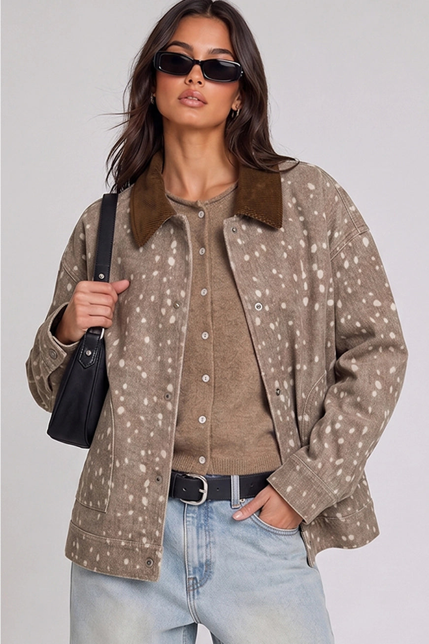 Women's oversized animal print jacket with soft washed fabric and a corduroy collar. Easy layering for casual winery outings and everyday western style.