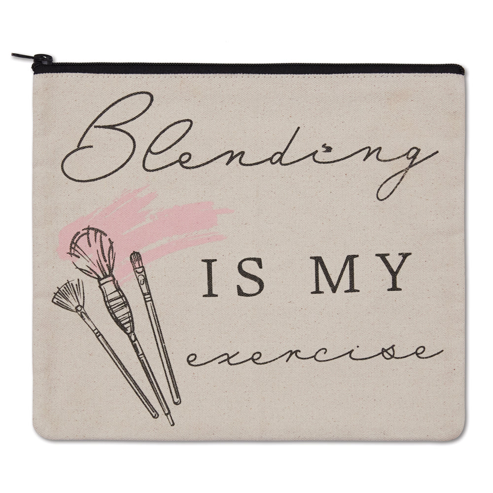 Beige pouch with 'Blending is my exercise' text and makeup brush illustrations on a white background