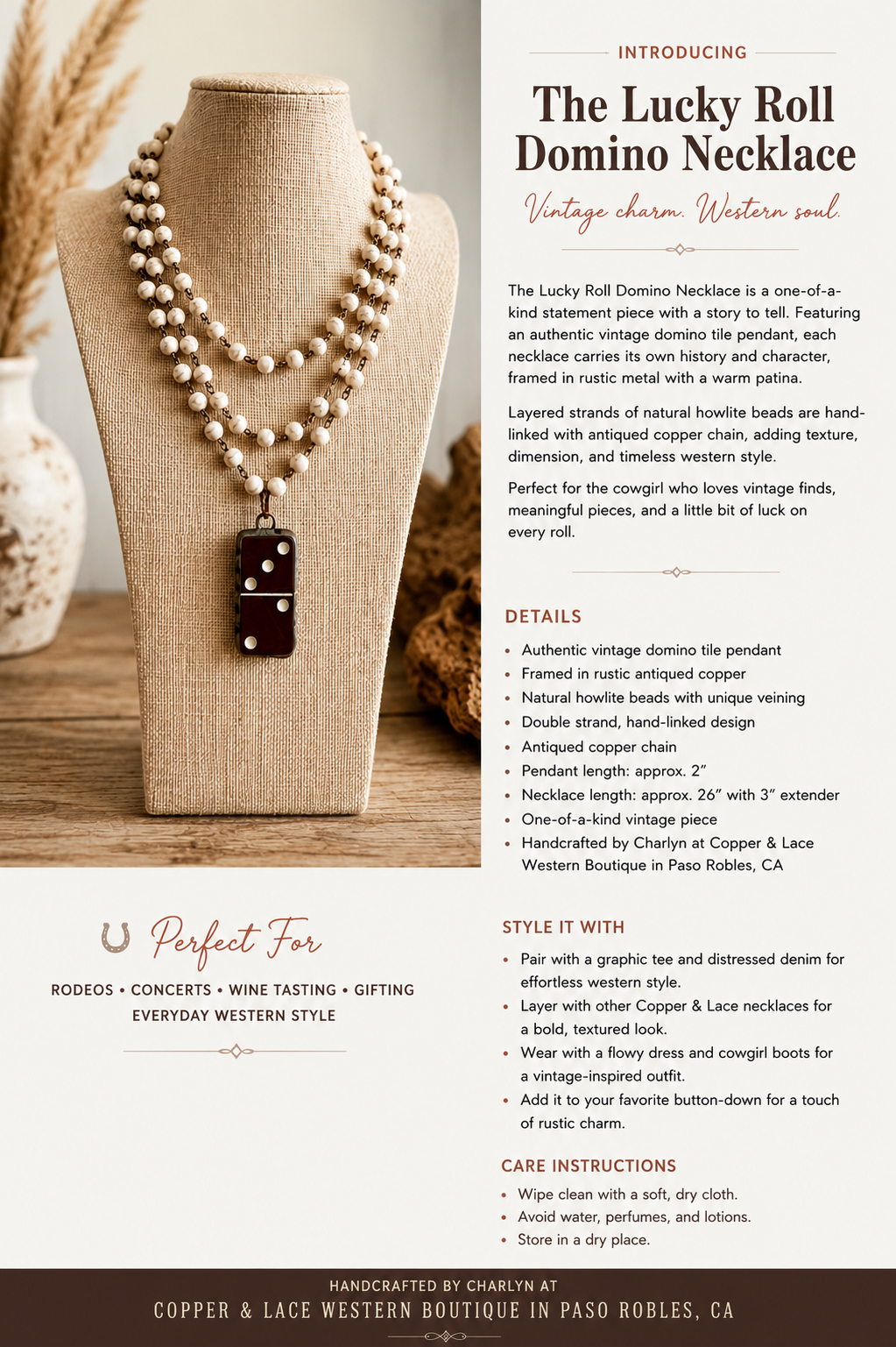 An informational product graphic for the Lucky Roll Domino Necklace, featuring a close-up photo of the necklace draped on a wooden display stand. The necklace has a dark brown wooden center with a woven pattern and a silver-toned chain.