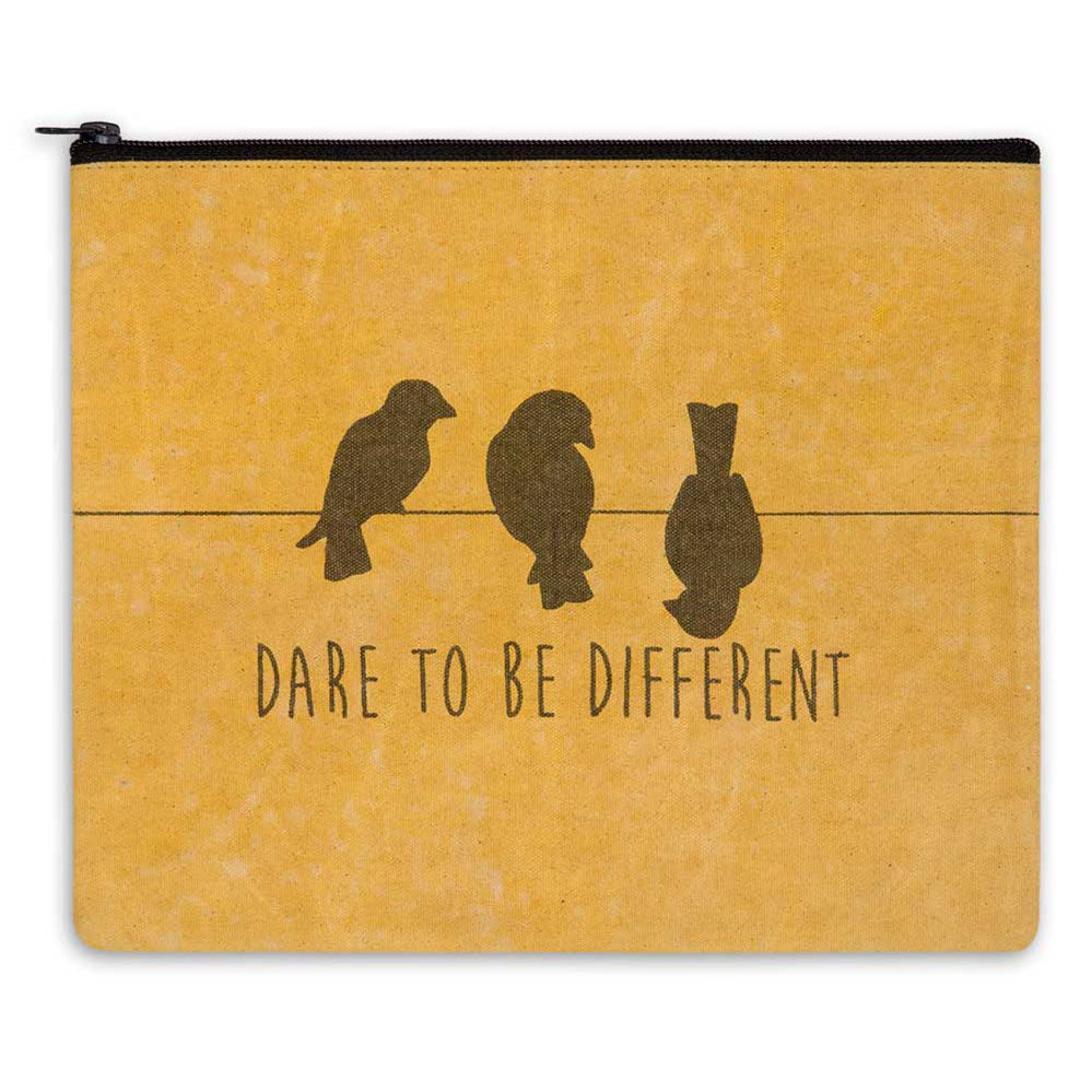 Pouch with birds on a wire design and 'Dare to Be Different' text in black on a mustard yellow background
