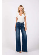 Women wearing wide leg high rise dark denim jeans!